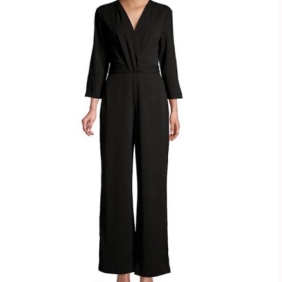Halston Jumpsuit Black Wide Leg Long Sleeves - Picture 1 of 9
